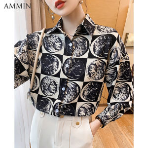 AMMIN 2023 fall new retro modern fashion head print long sleeve chiffon shirt For women