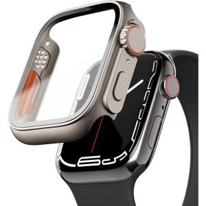 (Change to Ultra 49mm apperence) Full Coverage Hard PC Case with Tempered Glass Screen Protector for Apple Watch 45mm 41mm 44mm 40mm Series 9/8/7/SE/6/5/4