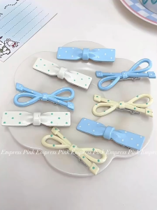 Don't Hurt The Forehead Side Fringe Clip: Cream Blue and White Polka Dot Bow Tie Broken Hairpin
