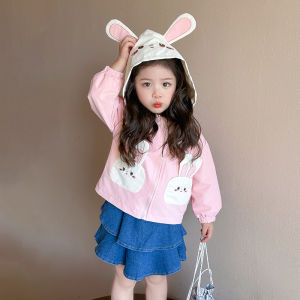 Spring Coat for Girls Cartoon Hooded Jacket Lightweight Windproof Polyester Fiber Soft Processing Korean Style Childrens Wear