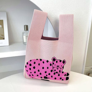 Casual Knitted Large Capacity Womens Handbag Single Shoulder Bag Trendy Korean Design Adorable Leopard Print Versatile Accessory