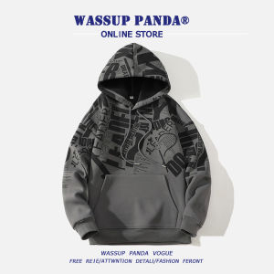 Wassup Panda Mens Hoodie Long Sleeve Letter Print Sweatshirt Spring Autumn Trendy Youth Casual Outerwear Polyester Fabric