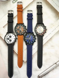 【 In Stock 】New Simple Mens Watch Fashion Three-eye Large Round Dial Watch Leather Strap Quartz Watch Jam Tangan Lelaki男士石英表