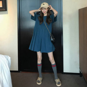 plus Size Fashionable Midi Dress Slimming Belly Cover Stylish Design Korean round Neck Short Sleeve Pure Color Pleated Skirt