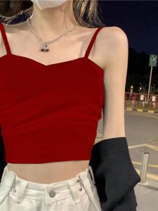 เสื้อกั๊กสายเดี่ยวสีแดงสำหรับผู้หญิงในช่วงฤดูร้อน ใส่กลางแจ้งพร้อมแผ่นเสริมหน้าอกเซ็กซี่สั้น เสื้อชั้นในด้านใน เสื้อชั้นในด้านหลังสวยงาม