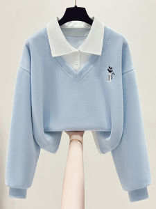 Ladies Polo Collar Milk Blue Sweatshirt Short Style Spring Autumn 2025 New Small Size College Style Fake Two-Piece Top