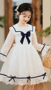 Gaun Anak Perempuan Elegan Putih Navy – Dress Pesta Anak Lace Premium Korea Style (Usia 5–10 Tahun)