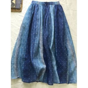 Blue Shivering Dots Ramie Skirt Womens Summer Gradient Contrast Mid Length Long Length Ethereal Swing Cotton Linen A- line Skirt