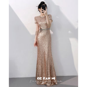 Elegant Mermaid Sequin Evening Dress Rose Gold