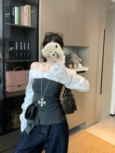 GUZILIAN | Spring Season Color Block Collision Fake Two-Piece Long Sleeve Womens T-Shirt Waist-Cinching Design Shoulder-Baring Elegant Top