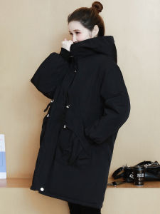 plus Size Womens Cotton Jacket Lamb Velvet Hooded Casual Coat Thickened Polyester Korean Style Long Sleeve Zipper Closure