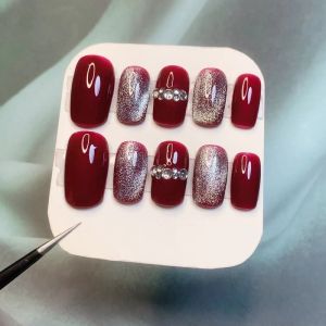 Wine Red Cats Eye Wear Nail with Diamond Handmade UV Nail Beauty Finished Product White Fake Nail Patch Everyday Joker