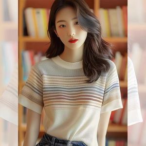   Outlet ฤดูร้อนผู้หญิงผ้าไหมน้ําแข็งถักเสื้อยืดแขนสั้นลาย Top ยี่ห้อขายแท็กถอดออกได้ตรงประเภทหลอด