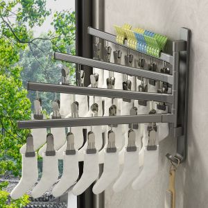 Wall Hanging Folding Clothes Drying Rack with Multiple Clips