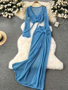 Bộ Đồ Hai Mảnh Phong Cách Mùa Hè Cho Nữ Dài Tay Hở Eo Thắt Lưng Cao Áo Len Dệt Kim Hở Eo Gợi Cảm Váy Dài Hở Tà