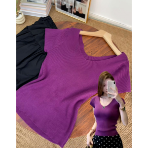 HUOLISI | Purple V-Neck Ice Silk Knit Unique Short Top