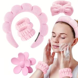 5Pcs Spa Headband & Skincare Headbands Large Flower Hair Claw Clips Wash Face Wristband Set Women Girls Makeup Hair Accessories