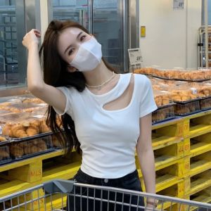 Slim Fit Hollow out Short Sleeve T-Shirt Womens Base Shirt Pure Desire Style Design Summer New Arrival Commute Style round Neck