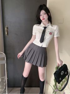 Korean Style Preppy Style Summer Shirt Female Polo Collar Student JK Uniform Suit Sweet Slim Short-Sleeved Tops Embroider