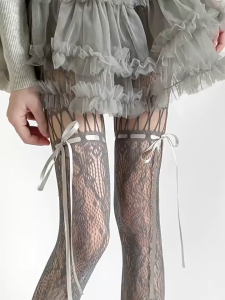 yk2 Lolita-style Ribbon Bow Fishnet Stockings East Asian Japanese Style Hollowed-out Pantyhose Millennial Style Fishnet Tights