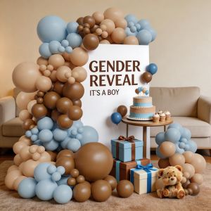 125-Piece Balloon Arch Kit - Light Blue Beige Tan and Brown Globes - Elegant Shower and Gender Reveal Party Decorations with