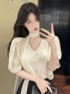 GUZILIAN | Elegant French V-neck Tunic Top With Sash Womens Summer Fashionable Unique Beautiful Mannered Loose Bubble Sleeve Blouse