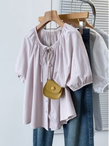 เสื้อเชิ้ตผ้าชีฟองแขนสั้นสีม่วง ทรงหลวม แขนพอง สำหรับผู้หญิง ฤดูร้อน ใหม่ ไซส์ใหญ่ เสื้อผ้าทำงานสไตล์เกาหลี เสื้อผ้าทำงาน