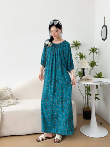 ชุดเดรสยาวผ้าฝ้ายเทียมพิมพ์ลายดอกไม้แขนสั้นหลวมๆ ลำลอง ชุดเดรสยาวทรงเอเข้ารูปสำหรับผู้หญิง ชุดเดรสฤดูร้อน 2025