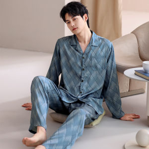 Miiow | Mens Ice Silk Sleepwear Long Sleeve Long Pants Set Casual Home Clothes Spring Summer New Style MiiOW Cat Person Leisure Sensation