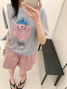 Shalldoer | Fashionable Printed Thin Knitted Short Sleeve T-Shirt Womens Summer Versatile Top Korean Style Loose Fit Round Neck Casual Wear