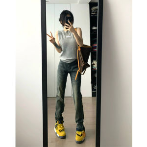 High Waist American Retro Smoke Tube Jeans Womens Extended Length Skinny Wide Leg Pants Straight Cut Spring Fashion