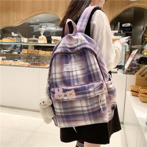 Large Capacity Plaid Dual Shoulder Backpack for High School Girls Korean Style Fashionable Versatile School Bag with Computer Pocket
