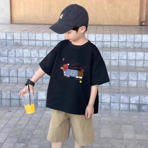 Boys Cotton T-Shirts Short Sleeve Loose Fit round Neck Cartoon Print Breathable Summer Tops for Kids Ages 3-13 Black