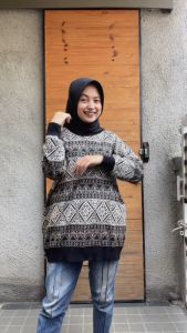 Atasan Baju Rajut Katun Knit Motif Tribal Lengan Panjang Wanita