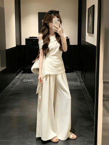 XUECAIQI | Charming Korean Style Set Slanted Shoulder Pleated Strap Top Wide Leg Pants