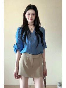 YUEZHONGWEI | Lightweight Blue Long Sleeve Shirt Womens French Collar Outerwear Spring Summer Casual Fashion V-neck Button-up Top