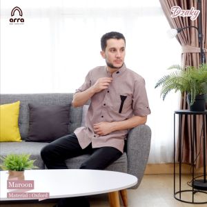 Baju Kemeja Koko Atasan Muslim Cowok Bandung Oxford Denim Lengan Pendek Koko Kemko Dzaky Green