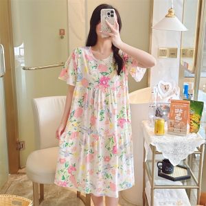 Nightdress Womens Summer Mid Length Long Length Dress Outwear Sweet plus Size Loose and Simple Wide Home Wear Princess Style