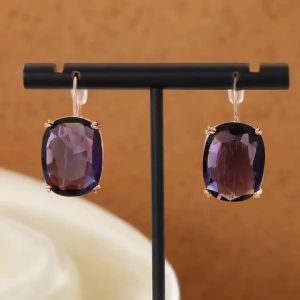 French Court Copper Dangle Earrings with Prong Set Square Purple Artificial Gem Fit Casual and Party Matching.