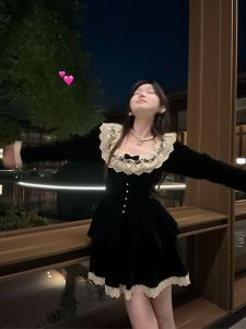 Plus Size French Retro Sweet Red Christmas Velvet Dress Womens Autumn and Winter Pure Want Waist Princess Puff Short Skirt