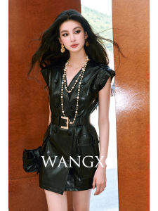 WANGXO | Áo Khoác Đầm Cổ V Vai Rộng Kiểu Đôi Nút Bóng Sang Trọng Da Sinh Thái