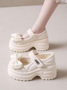 Giày Đế Dày Mary Jane Đế Cao Gót Cho Nữ Mùa Xuân 2025 Giày Đế Bằng Đính Thắt Nơ Phong Cách Pháp Giày Đế Cao Gót