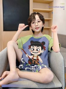 Miiow | Pure Cotton Summer Pajamas Short Sleeve Childrens Sleepwear Thin Home Clothes Set For Boys And Girls Cartoon Cute Style