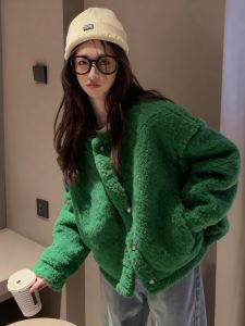 DANTING | Green Round Neck Sheepskin Coat Warm Women