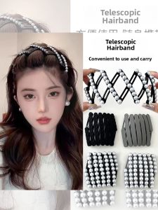 Portable Foldable Headband Female 2024 New Arrival High Skull Top Big Wave Pearl Headband Female Hairpin for Hair Washing Headdress