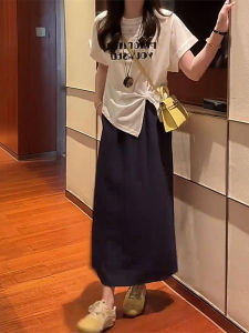 Shalldoer | Casual Summer Outfit Womens Short Sleeve T-Shirt Skirt Set Irregular Letter Print Round Neckline Elegant Style For Work