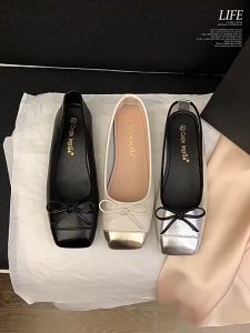 Women's Flat Bow Ballet Style Shoes Leather Square Toe