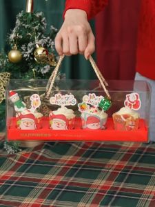 Hộp Mica đựng bánh Cupcake 4 bánh có quai xách/Hộp đựng bánh Cupcake Giáng Sinh - BB176