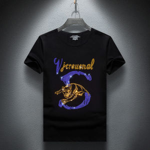 Youthful Mens Short Sleeve T-Shirt with Hotfix Rhinestones And Geometric Pattern Korean Style round Neck Casual Summer Top