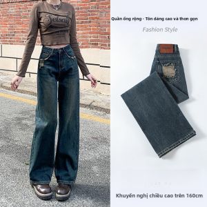 YAMIANNV | Quần Jeans Denim Cạp Cao Phong Cách Retro Mỏng Màu Xám Bê Tông Cho Nữ Quần Ống Rộng Dáng Rộng Quần Ống Thẳng Quần Dài Dài Đến Sàn